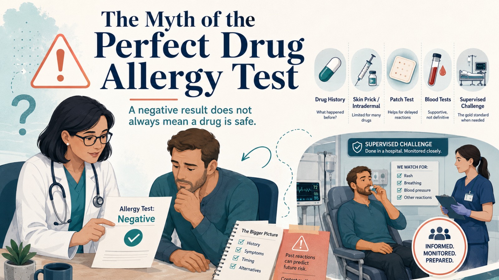 Specialist dermatologist explaining negative drug allergy test results