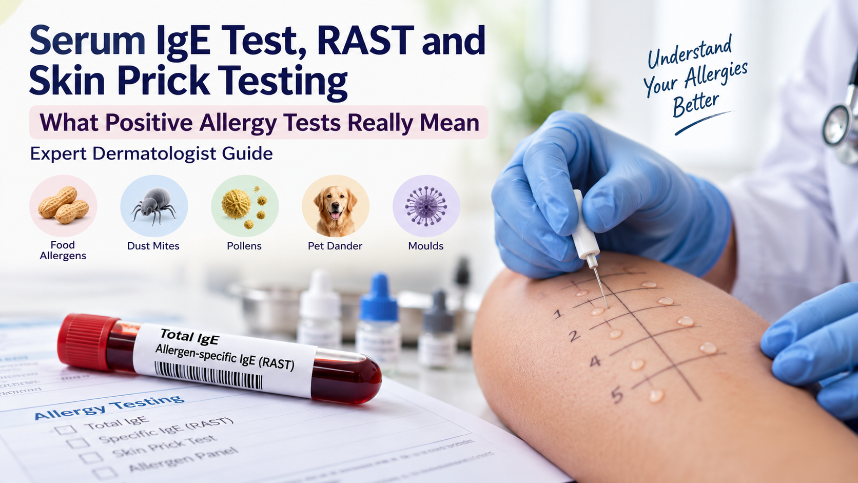Serum IgE test, RAST and skin prick allergy testing
